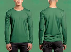 Man wearing a green T-shirt with long sleeves. Front and back view. photo