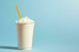 Vanilla milkshake in plastic takeaway cup isolated on pastel background with copy space. ai generated photo