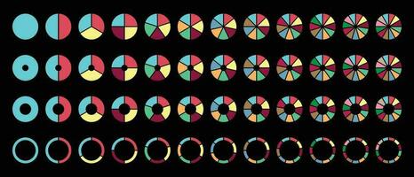 Circle pie charts round diagram sections or steps on black background vector