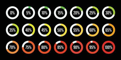 Set of circle percentage diagrams from 0 to 100, infographic colored indicator on blackground vector