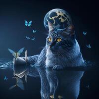 the cat trying to catch a butterfly with moon, photo