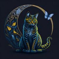 the cat trying to catch a butterfly with moon, photo