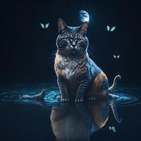 the cat trying to catch a butterfly with moon, photo