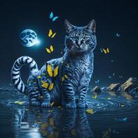 the cat trying to catch a butterfly with moon, photo