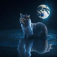 the cat trying to catch a butterfly with moon, photo