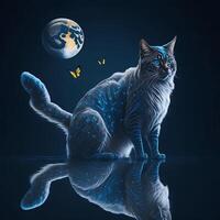the cat trying to catch a butterfly with moon, photo