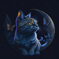 the cat trying to catch a butterfly with moon, photo