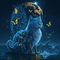 the cat trying to catch a butterfly with moon, photo