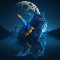 the cat trying to catch a butterfly with moon, photo