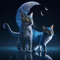 the cat trying to catch a butterfly with moon, photo