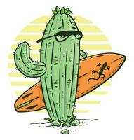 Vector drawing of cactus holding a surfboard. Artwork in cartoon style. Illustration for printing on t-shirts, stickers, posters and etc.