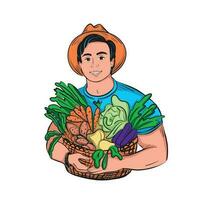 sonriente granjero en un sombrero con un cesta de vegetales en color.agricultura.vector ilustración. vector