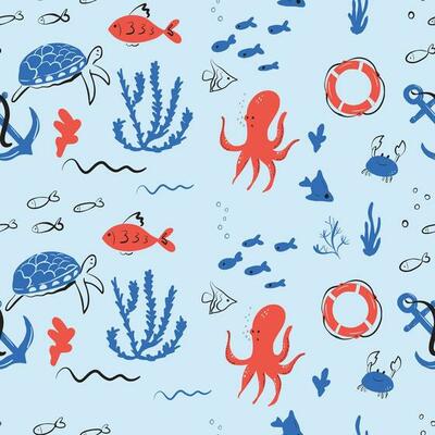 Under the sea seamless pattern.Hand drown.Vector illustration.