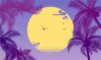 puesta de sol y tropical palma arboles con vistoso paisaje fondo, vector, ilustración vector