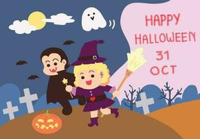 The witch and Dracula happy on Halloween day. vector