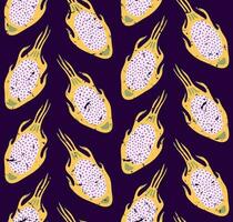 DARK LILAC VECTOR SEAMLESS RETRO BACKGROUND WITH BRIGHT YELLOW DRAGON FRUIT SLICES IN POP ART STYLE