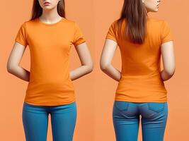 Photo realistic female orange t-shirts with copy space, front, and back view.