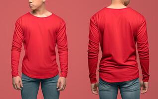Man wearing a red T-shirt with long sleeves. Front and back view. photo