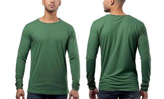 Man wearing a green T-shirt with long sleeves. Front and back view. photo