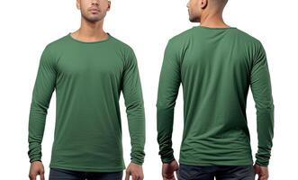 Man wearing a green T-shirt with long sleeves. Front and back view. ai generated photo