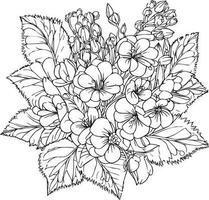 Primrose tattoo, black and white vector sketch illustration of floral ornament bouquet of Primula Francisca simplicity, Embellishment, zentangle design element for card printing coloring pages,