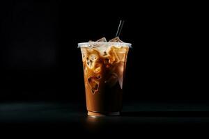 Iced coffee in plastic take-away glass isolated on dark background. ai generated photo