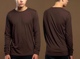 Man wearing a brown T-shirt with long sleeves. Front and back view. photo