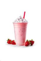 Strawberry milkshake in plastic takeaway cup isolated on white background with copy space. ai generated photo