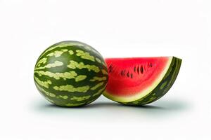 Whole and sliced fresh watermelon isolated on white background. ai generated photo