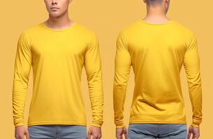 Man wearing a yellow T-shirt with long sleeves. Front and back view. photo