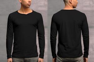 Man wearing a black T-shirt with long sleeves. Front and back view. photo