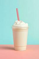Vanilla milkshake in plastic takeaway cup isolated on pastel background. ai generated photo