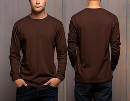 Man wearing a brown T-shirt with long sleeves. Front and back view. photo