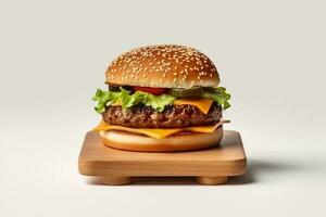 Fresh tasty cheeseburger on wooden board. ai generated photo