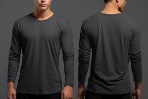 Man wearing a grey T-shirt with long sleeves. Front and back view. photo