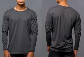 Man wearing a grey T-shirt with long sleeves. Front and back view. photo