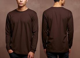 Man wearing a brown T-shirt with long sleeves. Front and back view. photo