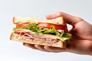 Hand holding tasty sandwich on a white background. ai generated photo