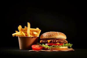 Fresco sabroso hamburguesa y francés papas fritas en oscuro antecedentes. ai generado foto