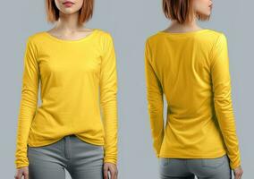 Woman wearing a yellow T-shirt with long sleeves. Front and back view. ai generated photo