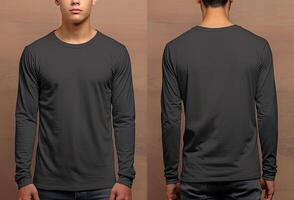 Man wearing a grey T-shirt with long sleeves. Front and back view. photo
