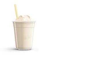 Vanilla milkshake in plastic takeaway cup isolated on white background with copy space. photo