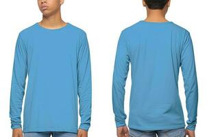 Man wearing a blue T-shirt with long sleeves. Front and back view. ai generated photo