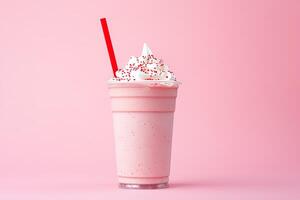Strawberry milkshake in plastic takeaway cup isolated on pink background. photo