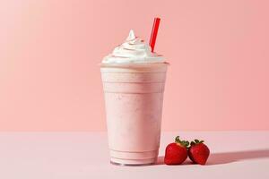 Strawberry milkshake in plastic takeaway cup isolated on pink background. ai generated photo