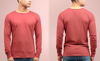Man wearing a red T-shirt with long sleeves. Front and back view. photo
