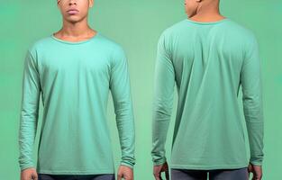 Man wearing a green T-shirt with long sleeves. Front and back view. photo