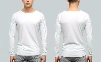 Man wearing a white T-shirt with long sleeves. Front and back view. ai generated photo