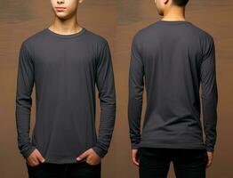 Man wearing a grey T-shirt with long sleeves. Front and back view. ai generated photo