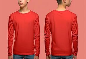 Man wearing a red T-shirt with long sleeves. Front and back view. photo
